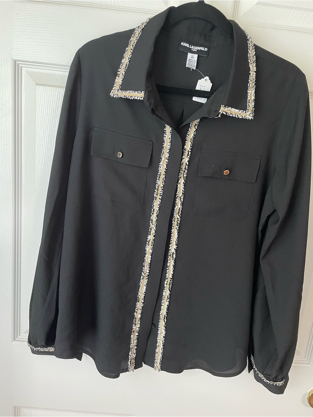 Karl Lagerfeld Black Button-Down Shirt with Gold and White Trim